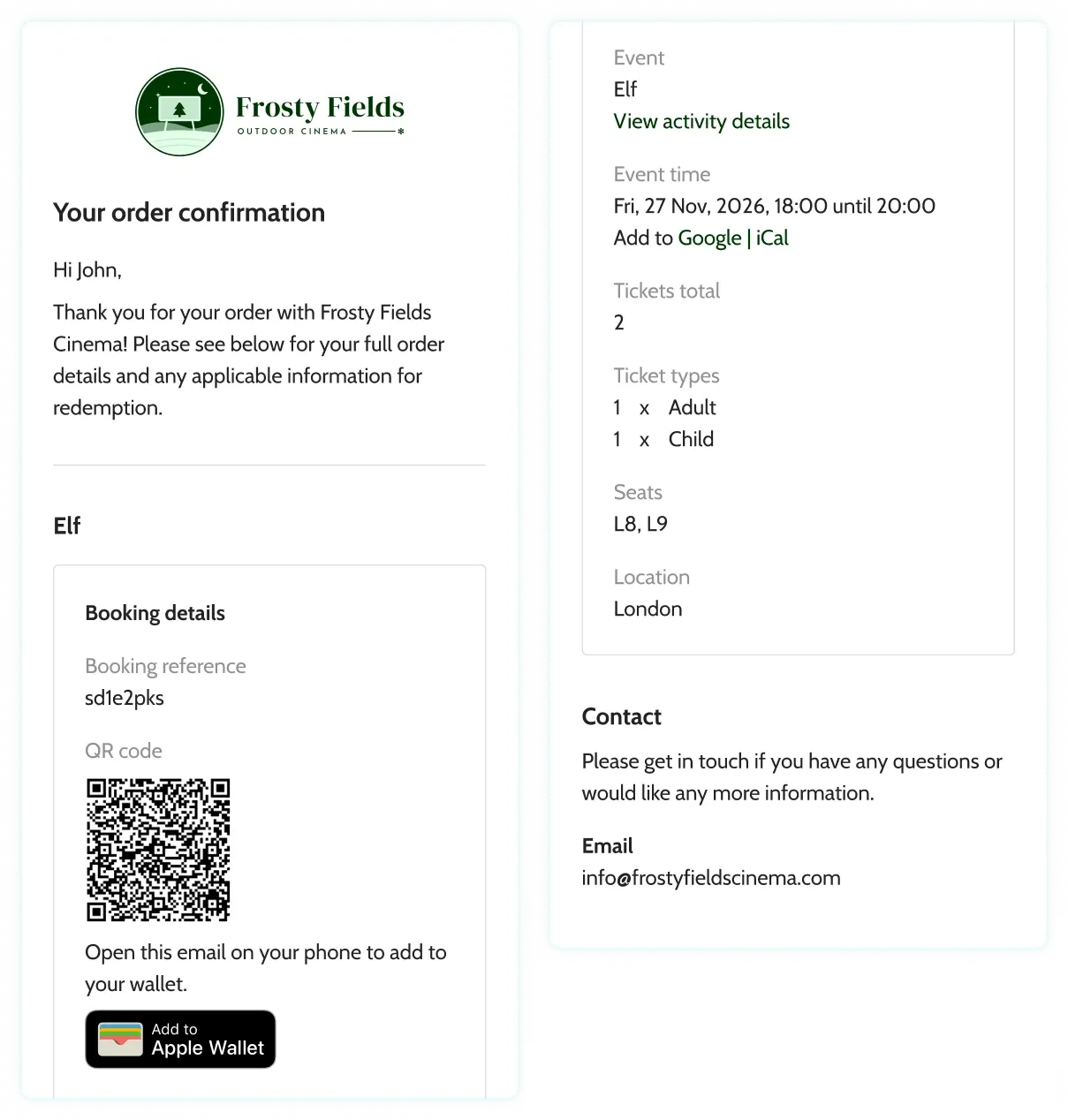 seat numbers are saved on all email confirmations